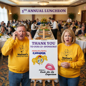 An illustration of family fun center owners looking on with dread as their logo is upside down and sharing space with an adult entertainment center